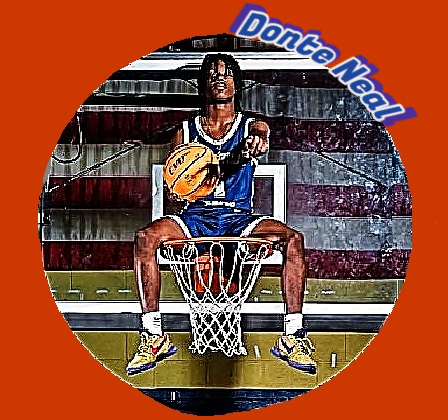 Image of Donte Neal, boys basketball player on the Reidsville Rams high school team in North Carolina. In his blue #1 uniform, he sits on top of a basket, left hand pointing at us, basketball held by right hand,