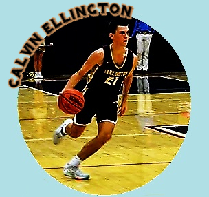 Calvin Ellington, Texan boys basketball player bring the ball upcourt in his white on black #21 Tarkington High School uniform.