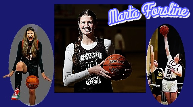 three images of Marta Dorsline, Mesabi East High School girl basketball player in Minnesota. Shown posing right kneee up, palms down, shouting in #21 uniform, also showing during a jimp ball in a white uniform, and in center posing holding a ball with both hands.