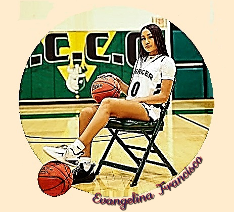 Pictured is woman's  basketball player for Evangelina Francisco, Mercer County Community College, in white unifor, MERCER #0, sitting on a folding chair, left foot on a basketball, right hand on another ball resting on her ight thigh.