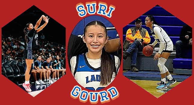 Three photos of North Dakotan girl basketballer Suri Gourd, Four Winds-Minnewakan High School. On the left she is high in the air in her blue uniform, hands high, after launching a shot; on  the right, in white uniform, dribbling the ball, looking to make a play and in the center, smilin, her long brown hair going down her left shoulder, a ortrait of her.