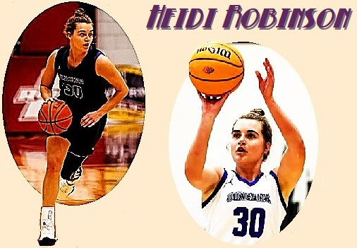 Two imafes of woman basketball player Heidi Robinson, Ouachita Baptist University. Shown in #20 uniforms. Nring the ball upvourt in her dark jersey, and attempting a free throw in her white top.