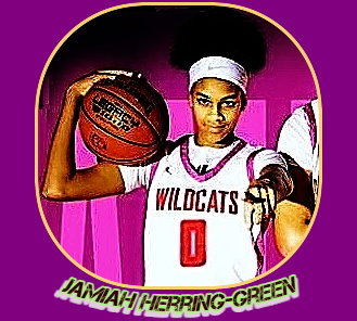 Jamiah Herring-Green, girl basketball player on the Hazelwood West High School team in Missouri, in #0 WILDCATS jersey pointing at us with left finge, holding the ball up on her right shouder.