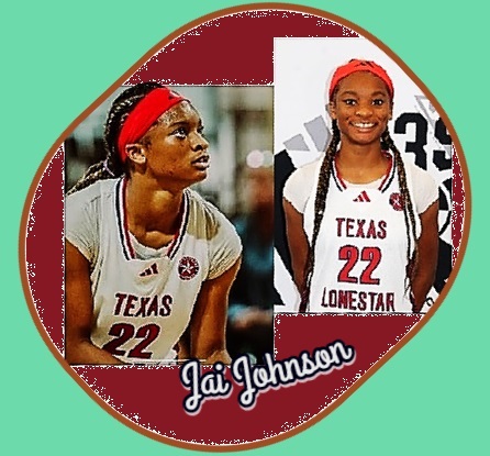 Images of Jai Johnson, Texas Wind High School in Texas, #22. Intensly about to shoot a free throw for her tea, and in portrait with longpig tals to each side, in a TEXAS LONE STAR basketball jersey.