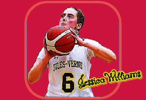 Picture of Jessica Williams, Ecole Jules-Verne girls basketball player in British Columbia. Number 6 in white uniform with yellow trimmed black number and JULES-VERNE, shooting a set shot or foul shot.