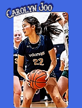 Carolyn Joo, King School, Connecticut basketball player shown making a play, #22 in Vikings uniform.