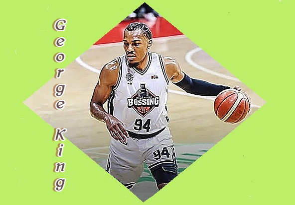Image  of George King in a game with basketball for Blackwater Bossing team in tthe Philippines Governor's Cup. Number 94 with BOSSING on his shirt front.