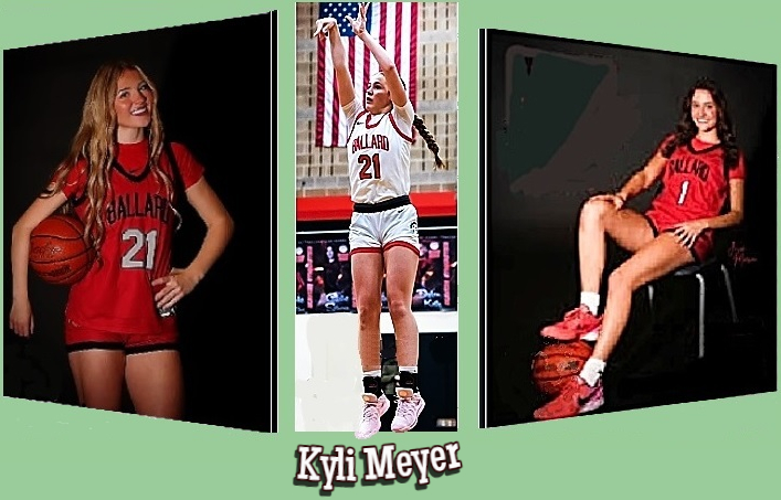 Three images of Kyli Meyer, //////////a Ballard Beaver girls high school basketball star from the state of Washington, #21, sanding with ball ny right hip, reclining in 31 uniform, and straight up in the air in her white uni, shooting a jumper.