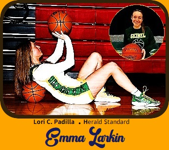 Images of Emma Larkin, basketball star on the Geibel Catholc High School team in Pennsylvania. She, in white uniform with broad green stripe down the side, is reclining with her upper back supported by a basketball, knees up, about to throw another basketball into the air; she faces to our right. A portrait in a dark GEIBEL jersey top is also pictured.