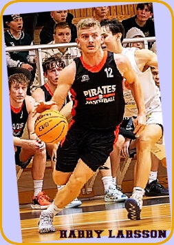Harry Larsson, basketball player making a play in his black PIRATES uniformn #12, playing for the Onsala Pirates in the Sweden Basketeetten league..