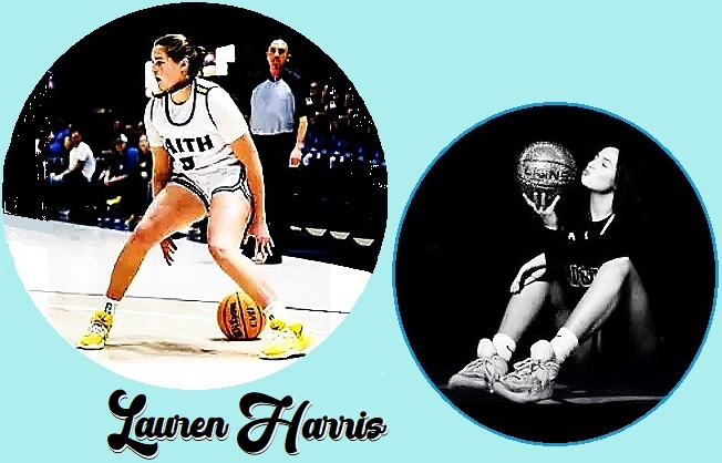 Lauren Harris is pictured in her white Faith Christian High School team (California) uniform dribbling a basketball during a game and pictured sitting on ground, kissing a ball held up by her right hand.