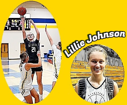 Photos of Lillie Johnson, girls basketball player, Gladstone High School, Michigan. Show in #21 uniform up in air shooting a jump hot and in portrait, chest up, in white jersey with picture of an American Indian in headress image on front inside a bsketball.