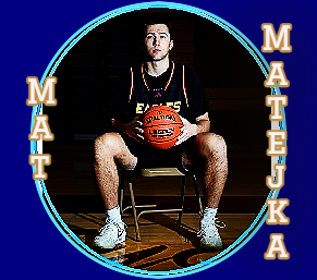Mat Matejka, Dover-Eyota High School, Minnesota, sitting in a chair, in uniform, holding a basketball with both hands.