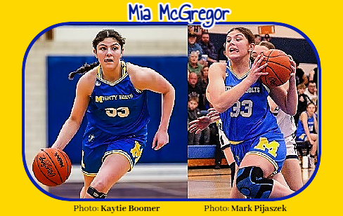 Two pictures of Mia McGregor, Mio-Au Sable High School, Michigan, shown in her MIGHTY BOLTS uniforms, both blue, coming towards us in #53 from freshman yearm a 2/20/2024 game against Bay City, photo by Kaytie Bookmer, and one heading towards basket in #33 from the 2025-26 season.