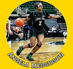 Image of Angela Meggisson, Arbor Prep High from Ypsilanti, Michigan, girls basketball player, number 2 un dark uniform in what resembles a discus thrower's stance.