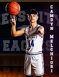 Camdyn Melchiori, Caney Valley bsketball player, Kansas high school basketball. Shown spinning ball with right index finger while pointing at us with other hand. Number 14.