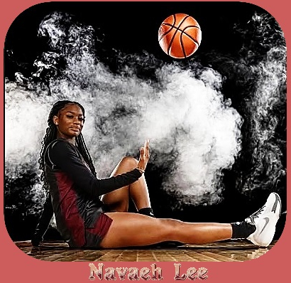 Image of navaeh Lee, girl basketball player, Seffner Christian HS, Florida, show sitting facing our right, right leg straight, left one bent, knee up, having flipped ball skyward with right hand.