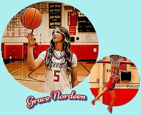 Images of Californian girls basketball player Grace Nordeen, , Fall Brook High School, shown spinning a ball with her right index finger while in white uniform #5, and shown high up by the basket in red uniform after putting the ball in the baske.