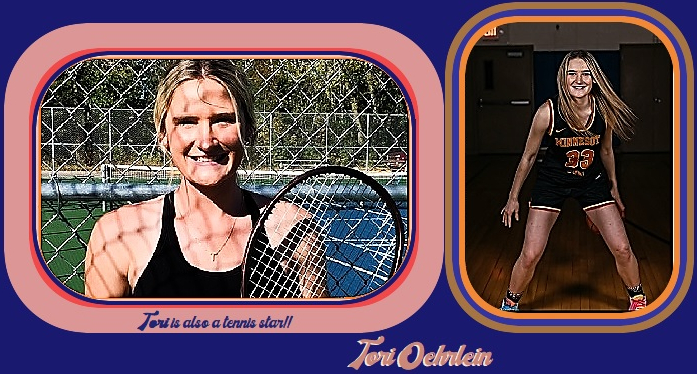 Two photos of Tori Oehrlein, Crosby-Ironton High School, Minnesota. One holding a tennis racket behind a chain link fence, the other posing in uniform #33, posing in a defensive position.