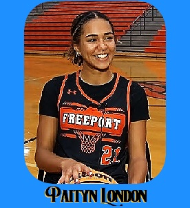 Paityn London, Freeport High Pretzel girls basketball player in Illinois, sitting, smiling, rght hand on ball, orange on black shirt, white FREEPORT on orange tablet above image of basketball basket and number 21.