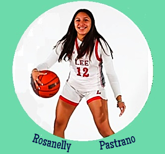Rosanelly Pastrano poses with basketball. In her #12 uniform with LEE emblazoned on the front for Lee High School in Texas.