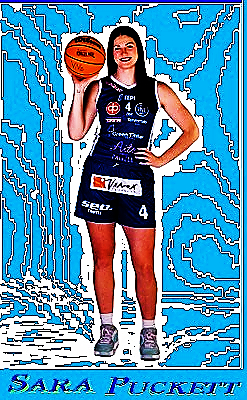 Women's basketball player Sara Puckett, Vimpelin Veto, in the Finnish Korisliiga league shown posing in blue #4 uniform holding ball with bent right arm with ball to side of her head.