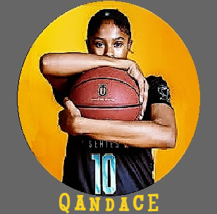 Maryland's Qandace Samuels, high school basketball player for the McNamara Mustangs, shown peeking from behind a basketball being held by both arms cross-wise.