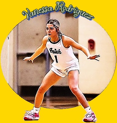 Vanessa Rodriguez, Father Garcia Richard High School, Michigan, basketball player in white #1 uniform, in a defensive posture in the scripted IRISH name on the jersey.