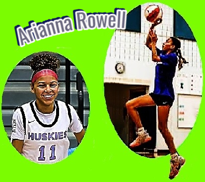 Images of Arianna Rowell, St. Joseph Huskie, South /bend, Indiana, girls basketball player, pictured, #11, smiling with bun up top, and in blue uniform up in air, left knee bent, right arms sooting the ball.