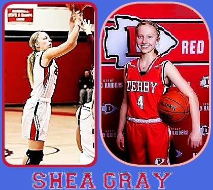 Connecticut's Shea Gray, girl basketball star at Derby High School, numberv 4. Posing in red DERBY uniform with ball under left elbow against body and in white uniform throwing up a jump shat.