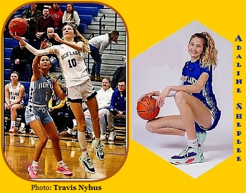 Imagesof Adaline Sheplee, Rice Lake High (Wisconsin) girl basketball player, shown in air right hand throwing up a shot in #10 white uniform, and in blue uni squatting with ball held on right knee, facing our left. The action photo by Travis Nyhus, Rice Lake Chronotype, March 14, 2024.