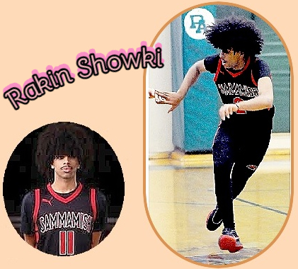 Washingtonian basketball player Rakin Showki, shown in two photos with Sammamish High School uniforms on. One a portrait with big afro, the other an action shot.