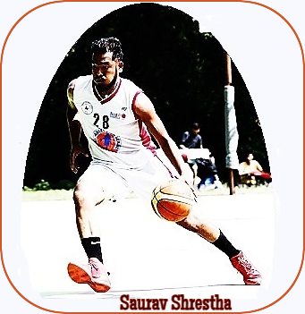 Action photo of Saurav Shrestha, basketball star on the Budhanilkantha Municipality Bsketball Club in the Nepal Basketball League, #28. making a play.