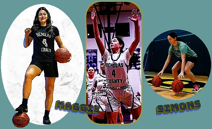 Three images of Maggie Simons, nicholas County High School girls basketballer in Kentucky, posing in dark uniform with white NICHOLAS COUNTY #4, ball in left hand near hip, right hand making ax fist, ight leg on top of second ball on floor; in wite uniform after shot taken, and practicing dribbling two balls at once.