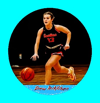 Drew Terkildsen, basketball player for Philip High School girls team in South Dakota, dribbling upcourt in her red on black #13 uniform.