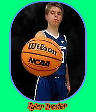 California Lutheran High School basketball player Tyler Treder hlding ball towards camera.