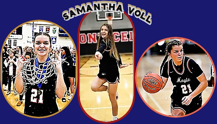 Three images of Minnesota girls basketball star Samantha Voll, Monticello High School, #21, shown vamping with right kneee up pointing at camera, in center photo, shown with net over hershoulders after tournament victory and shown, pigtail flying about to make a play in Magic uniform.