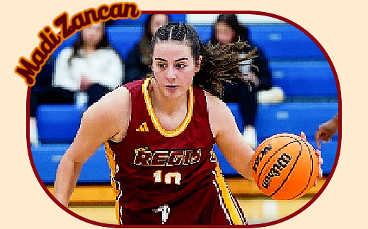 Regis (Mass.) women's basketball player Madi Zancan, #10, in a game.