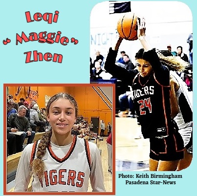 Two images of Leqi (Maggie0 Zhen, basketball star on the Los Angeles Lincoln High School team. Posing in her white TIGERS uniform with red trim, with a ling braided pony tail draping down her right shoulder, and a shot in her black #24 uniform bringing down a rebound in a game in a photograph by Keith Birmingham, Pasadena Star-News, Feb. 10, 2026