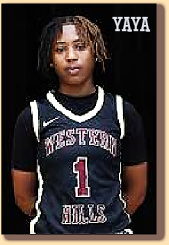 Standing with hands behind her back is Yaya, Kev'iya Parrish, freshman girls basketball player for Western Hills High School in Ohio. Red on black uniform, number One.