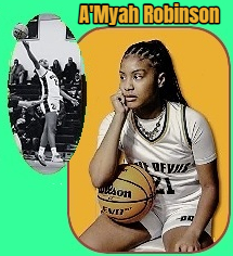 Images of A'Myah Robinson, girls b-ball player on the Culpeper County High School team of Virginia, shown sitting, contemplating her next game, right fist against chin, elbow on basketball on right thigh, wistfully dreaming of her high in the air taking a shot, which is the other photo. BLUE DEVILS #21.