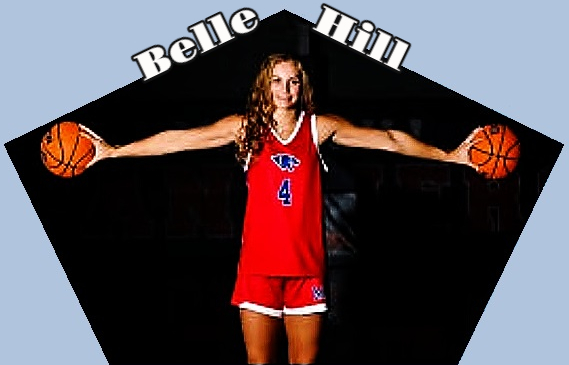 Belle Hill, girls bsketball player for the Mars Hill Bible chool in labama shown in red $4 uniform, holding two basketballs straight to each side, both arms extended.