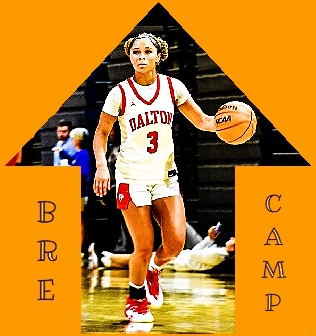 Bre Camp, Dalton High School (Georgia) pictured, contemplating her next play with the basketball in her #3 white DALTON uniform.