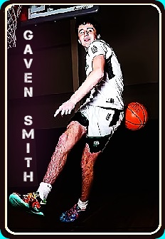 We see Gaven Smith, basketball player on the Genoa Christian Academy Lions in Ohio, passing a ball behind his back with his right habd.