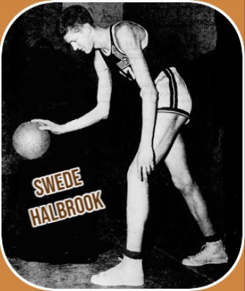 Wade Swede) Halbrook, early 1950s basketball star at Lincoln High School in Portland, Oregon, shown facing our left dribbling ball with right hand. From The Sunday Oregonian, Portland, Ore., March 11, 1951.