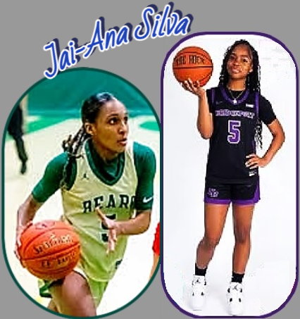 Two images of Jai-Ana Silva, girl basketball player for the GNB Voc-Tech High Bears of Massachusetts (New Bedford). Shown in uniform #5, driving with the ball in light green BEARS jersey and holding a basketball with right hand underneath and left hand on hip in blue uniform. 
