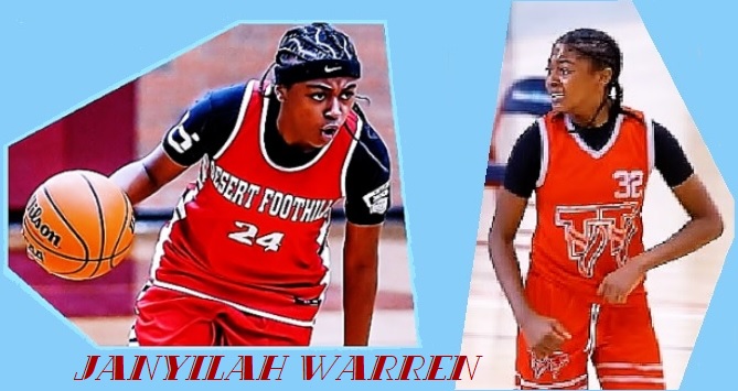 Two images of Janyilah Warren, Desert Foothills Junior High 7th Grade team in Arizona, shown with ball in game in #24 red ubiform. Also seen in her AAU uni #32 (TT).