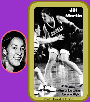 Action image of Iowan Jill Martin, high school basketball player at the turn of the mi;enium for Norwalk High. Shown in the March 11, 2003 Class 3-A Playoff quarterfinal. Here, 6 foot -2 Martin is being guarded by 5-foot-w inch Amy Lawson of the Spencer Tigers. Martin scored 24, Norwalk won 53 to 39. Photo by David Peterson, The Des Moines Register, March 12, 2003. Portrat of Jill Martin from the same newspaper, March 14, 2003.