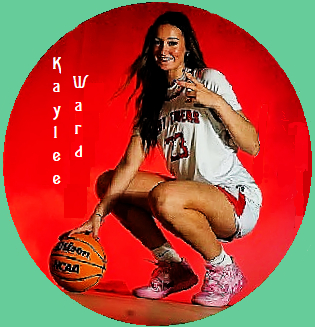 Kaylee Ward, Mansfield High School (Arkansas) shown in squat position, right hand resting on a basketball, signaling a V with her left hand's fingers, in White uniform, #23.