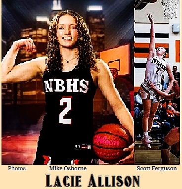 Images of Lacie Allison, North Baltimore High School basketball player in Ohio. Shown posing in black NBHS #2 uniform, rifght arm held up as if showing off bicep, left arm holding ball by her hip, photo by Mike Osborne. Second picture she is high in the air under the baske after shooting a lay-up, from the Sentinel-Tribune, Bowling Green, O. Photo by Scott Ferguson.